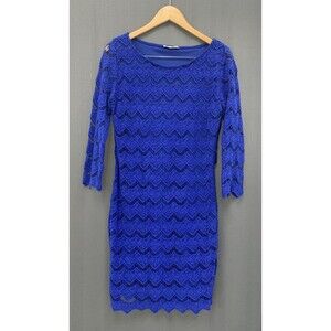 Chevron Floral Lace Bodycon Sheath Dress Medium Cobalt Blue Elegant Polished Y2K